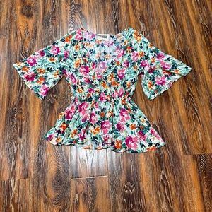 Savanna Jane Floral V-Neck Peplum Top Pink Green Orange Belt Tie Size M Women’s